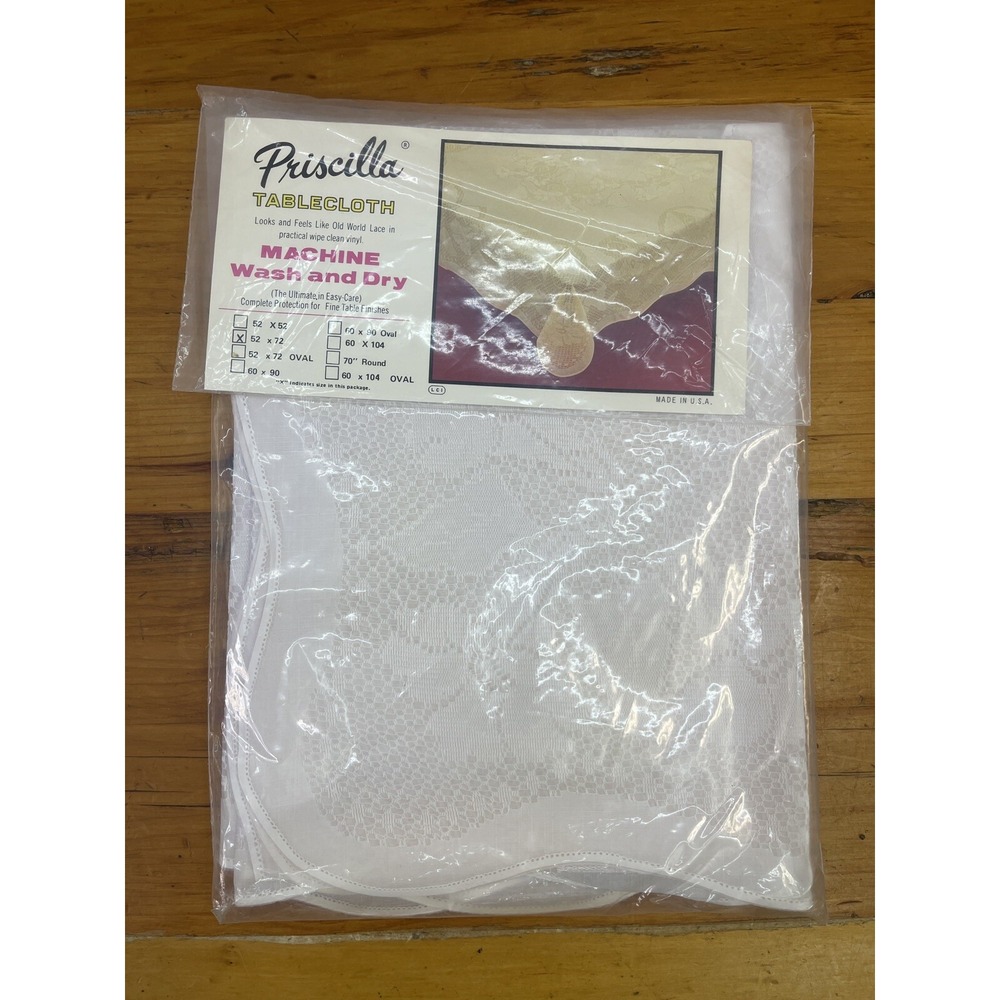 Vintage Priscilla Tablecloth White 52 x 72 Lace Vinyl‎ New Wipe Clean Reusable